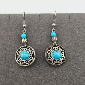Silver Tone Turquoise Medallion Dangle Drop Hook Earrings Boho Coastal Cowgirl